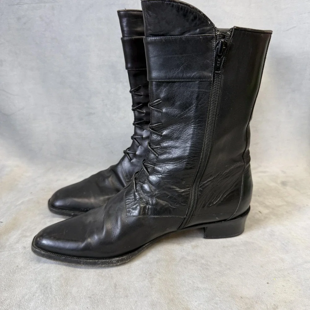 Via Spiga Boots Womens Size 7.5 Black Leather Lace Up Mid Calf Riding Italy